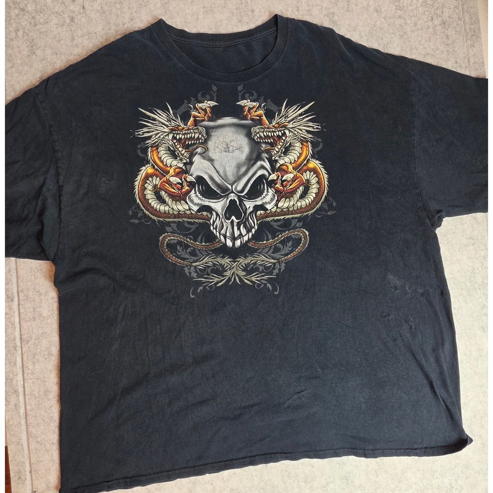 Vintage Dragon Skull Shirt Gildan Graphic Tee Double Dragon Skeleton Black 2XL